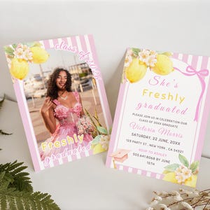 Freshly graduated lemon graduation invitation template, citrus grad party invite Canva editable Class of 2026 announcement design