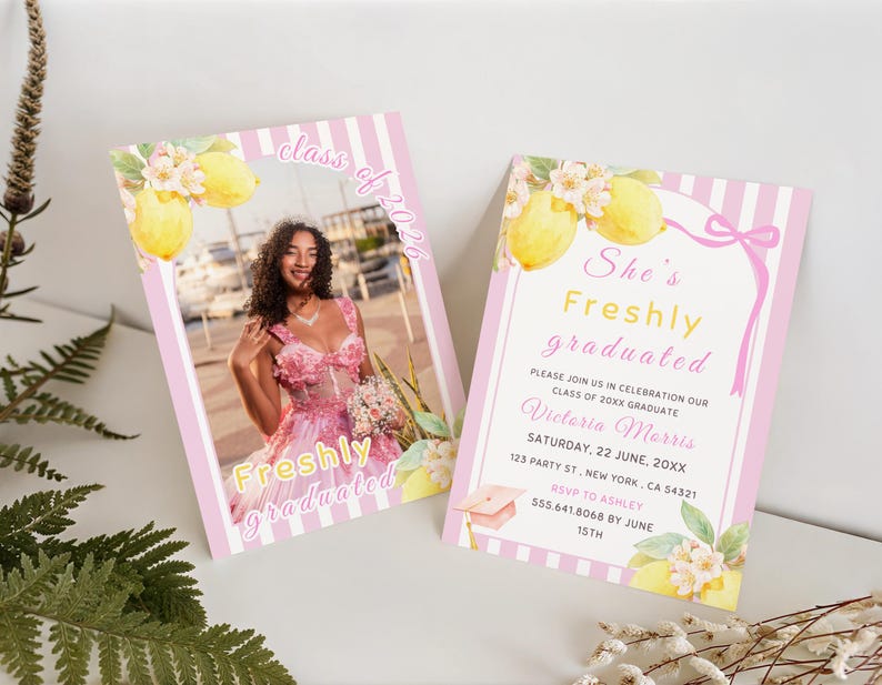 Freshly graduated lemon graduation invitation template, citrus grad party invite Canva editable Class of 2026 announcement design