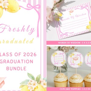 Freshly graduated graduation party bundle with lemon theme invitation, citrus decor templates and Canva editable printable set