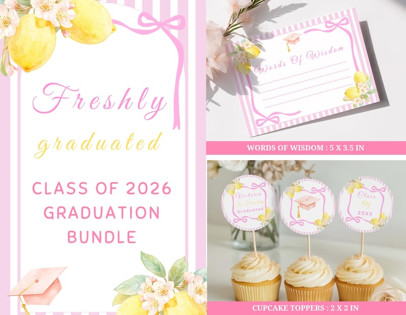 Freshly graduated graduation party bundle with lemon theme invitation, citrus decor templates and Canva editable printable set