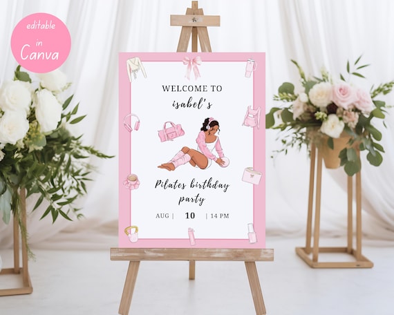 Pilates Birthday Welcome Sign, Editable Pilates Party Sign Template, Pilates in Pink Studio Poster, Digital Wellness Celebration Sign, PB-1