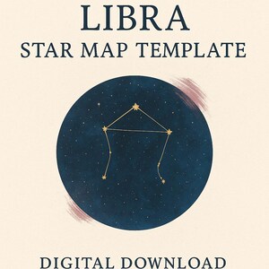以下が含まれることがあります： 芸術的な天秤座の星図テンプレートのデジタルダウンロード。デザインは、円形の中に、暗い青色の星空の背景に金色の天秤座の星座を特徴としています。テキストは濃いネイビーブルーです。