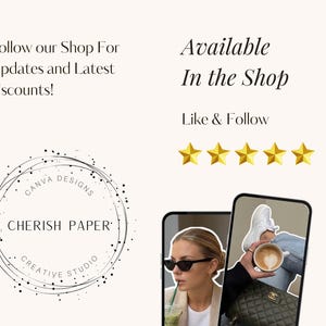 May include: Cream-colored graphic with text: "Follow our Shop For Updates and Latest discounts!" and "Available In the Shop." Includes a logo for "Cherish Paper Creative Studio" and images of a woman with sunglasses and a woman holding a coffee.