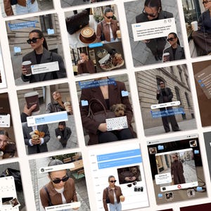 Op de afbeelding: Een collage van afbeeldingen met een vrouw in verschillende outfits, die koffiekopjes vasthoudt en digitale apparaten gebruikt. De afbeeldingen bevatten tekstoverlays met zinnen als "Hoe ik mijn eerste Instagram volgers kreeg".