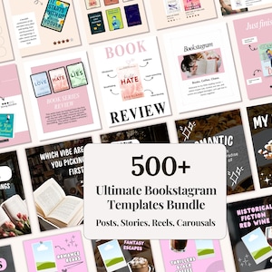 Può includere: Una raccolta di modelli Bookstagram rosa e bianchi. I modelli includono recensioni di libri, abbinamenti di bevande e altri contenuti relativi ai libri. L'immagine centrale recita "500+ Ultimate Bookstagram Templates Bundle".