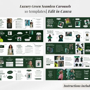 May include: A digital marketing template set with a dark green background and white text. The templates are designed for Instagram carousels and include various layouts with photos and text. The text includes "Luxury Green Seamless Carousels" and "Edit in Canva".