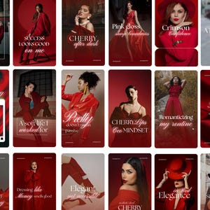 Könnte beinhalten: Eine Sammlung von Bildern mit Frauen in verschiedenen roten Outfits. Die Bilder enthalten Textüberlagerungen mit Sätzen wie "Dieses Outfit kostet Selbstvertrauen", "Cherry after dark" und "Elegant, aber zugänglich". Das Gesamtthema ist Mode und Stil.