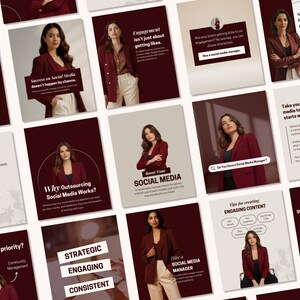 Puede incluir: Una colección de gráficos de marketing en redes sociales con una combinación de colores borgoña y crema. Los gráficos presentan a una mujer con una blazer borgoña y pantalones blancos. El texto incluye "Social Media Manager", "Engaging Content" y "Solid Strategy".