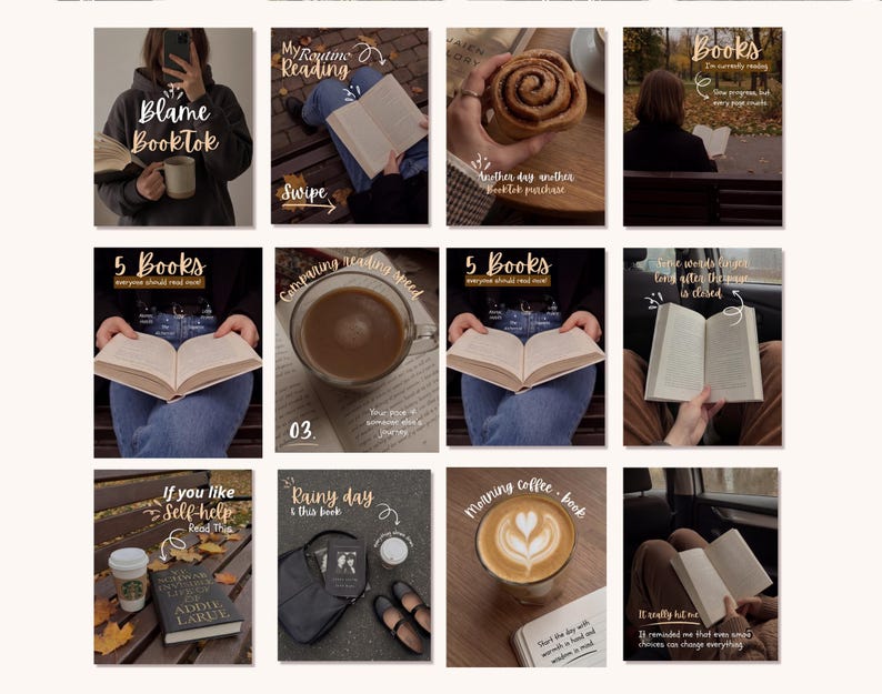 BookTok Instagram post templates with cozy brown aesthetic