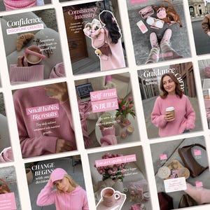 Könnte beinhalten: Eine Collage von Bildern mit rosa Thema, mit Texten wie "Vertrauen", "Kleine Gewohnheiten, große Ergebnisse" und "Veränderung beginnt". Die Bilder zeigen eine Person mit einer Kaffeetasse, Accessoires und einem Laptop.