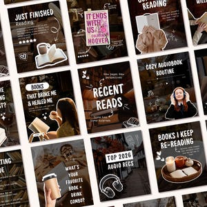 Könnte beinhalten: Eine Sammlung von Social-Media-Grafiken mit dunkelbraunem Hintergrund, die sich mit Büchern befassen. Die Grafiken enthalten Texte wie "Just Finished Reading", "It Ends With Us" und "Cozy Audiobook Routine". Bilder von Büchern, Kaffeetassen und Kopfhörern sind ebenfalls vorhanden.