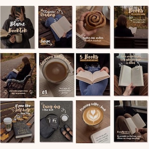 May include: A collage of images featuring books, coffee, and autumn scenes. One image shows a person holding a book with the text "Blame BookTok." Other images include text like "My Routine Reading," "5 Books," and "Morning coffee - book."