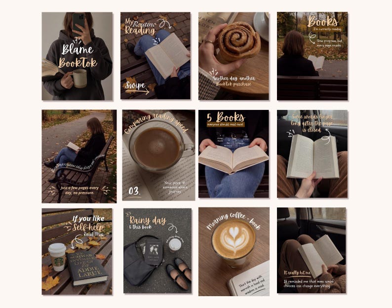 May include: A collage of images featuring books, coffee, and autumn scenes. One image shows a person holding a book with the text "Blame BookTok." Other images include text like "My Routine Reading," "5 Books," and "Morning coffee - book."