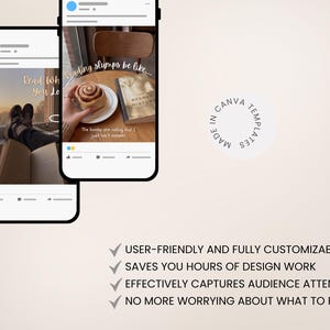 May include: Two smartphone mockups display social media posts. One shows a person reading with the text "Read what you love." The other shows a cinnamon roll and a book with the text "Reading slumps be like..." and "The books are calling but I just can't answer."