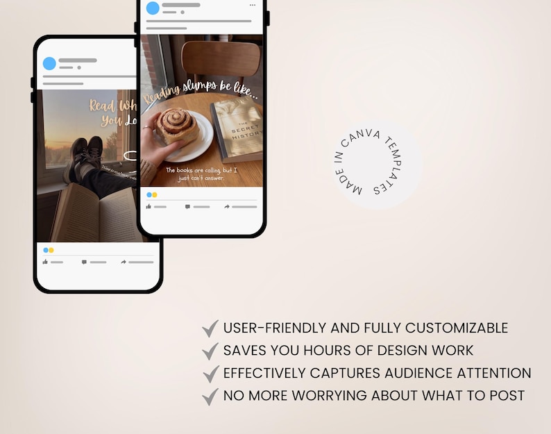 May include: Two smartphone mockups display social media posts. One shows a person reading with the text "Read what you love." The other shows a cinnamon roll and a book with the text "Reading slumps be like..." and "The books are calling but I just can't answer."