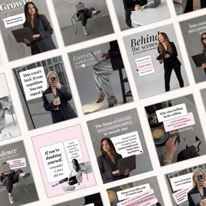 May include: A collection of social media posts with a pink and gray color scheme. Each post features a woman with a laptop, and text overlays with motivational quotes and business advice. The posts cover topics like confidence, growth, and content creation.