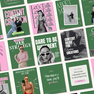 May include: A collection of social media graphics with a green and pink color scheme. The graphics feature text such as "Content Creation," "Let's Talk," and "Dare to be Different." Images of people are also included.