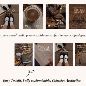 May include: A collection of social media graphics with a cohesive aesthetic. The graphics feature images of books, coffee, and fall foliage, with text overlays such as "Reading is my escape" and "Build a daily reading habit!"