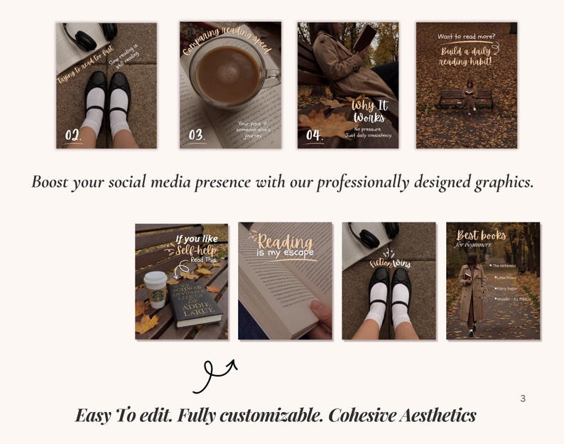 May include: A collection of social media graphics with a cohesive aesthetic. The graphics feature images of books, coffee, and fall foliage, with text overlays such as "Reading is my escape" and "Build a daily reading habit!"