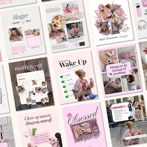 May include: A series of pink and white social media templates with text such as "Blogger," "Wake Up," and "Obsessed." The templates showcase lifestyle imagery, including coffee, headphones, and a camera. The overall theme is feminine and lifestyle-oriented.