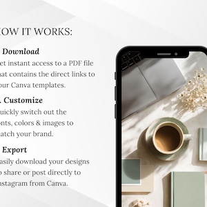 May include: A smartphone displays a laptop, coffee cup, and books. The text reads "HOW IT WORKS: 1. Download, 2. Customize, 3. Export." The image suggests a digital product or template for design.