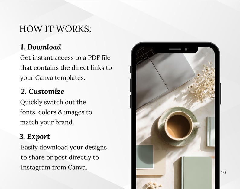 May include: A smartphone displays a laptop, coffee cup, and books. The text reads "HOW IT WORKS: 1. Download, 2. Customize, 3. Export." The image suggests a digital product or template for design.