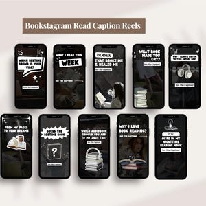 May include: A collection of ten smartphone screens displaying text and graphics related to reading and books. The screens feature phrases like "Which bedtime sound is your vibe?" and "What I read this week." The overall theme is book-related social media content.