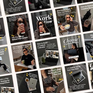Peut inclure: Une grille de graphiques éducatifs pour réseaux sociaux présentant diverses images lifestyle de personnes travaillant sur des ordinateurs portables, buvant du café, avec des textes comme Work Flow, Content Pillars et Caption Writing Tips.