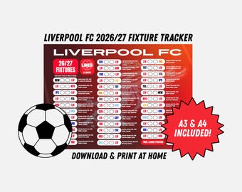Può includere: Un poster per il monitoraggio delle partite del Liverpool FC 2026/27 con sfondo sfumato rosso e arancione, che presenta un elenco di incontri di calcio, un grafico di un pallone da calcio bianco e nero e una stella rossa con il testo A3 & A4 INCLUDED!