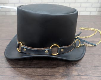 Black Leather Steampunk Top Hat: Gothic Victorian Cosplay