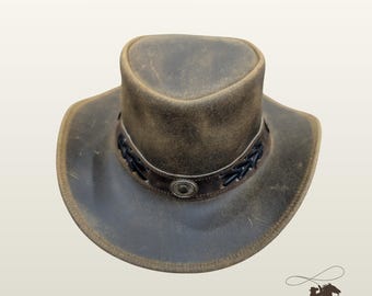 Brown Leather Cowboy Hat: Distressed Western Outback Bush Hat (Unisex)