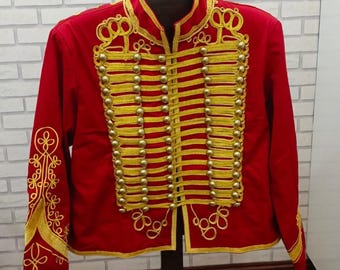 Red Military Parade Jacket, Gold Trim, Hussar Style, Drummer Uniform, Steampunk Cosplay Costume