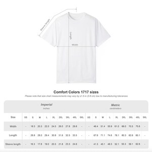 May include: White t-shirt with measurements for width, length, and sleeve length. The size chart includes measurements in centimetres for sizes XS to 5XL. The Comfort Colors 1717 sizes chart is also shown.