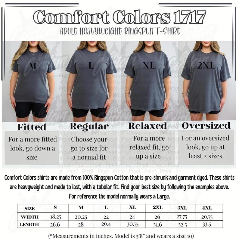 May include: Image showing Comfort Colors 1717 adult heavyweight ringspun t-shirts in sizes M, L, XL, and 2XL. The image provides sizing guidance, with measurements in inches, and details on fit: fitted, regular, relaxed, and oversized.