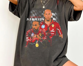 Camiseta Comfort Colors Lewis Hamilton Ferrari F1, camiseta vintage com estampa Hamilton F1, produtos de Fórmula 1, camiseta Hamilton Ferrari