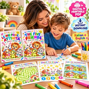 Può includere: Due libri di attività intitolati Le Mie Prime Attivita e The Five Friends Play and Learn, con colorati animali dei cartoni animati. Include tre fogli di attività: un labirinto, una pagina per contare le stelle e un gioco.