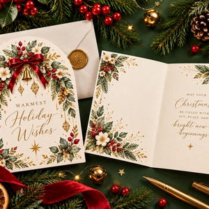 Può includere: Un biglietto d'auguri ad arco color crema con un'illustrazione di un nastro rosso, una campana dorata e agrifoglio. Il fronte reca la scritta Warmest Holiday Wishes. L'interno aperto riporta il testo May your Christmas be filled with joy, peace and bright new beginnings.