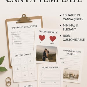 Può includere: Una raccolta di modelli per la pianificazione del matrimonio, tra cui liste di controllo e planimetrie. I modelli hanno un design minimalista con il testo "Real Wedding Planner Canva Template". La tavolozza dei colori è verde e avorio.