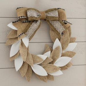 Wreath Burlap Bow Farmhouse Cottage Decor Felt Petal Neutral Home Accent Wall Hanging Entryway Display Door Rustic Floral Home Design