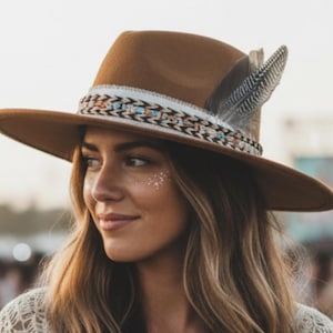 Design Your Own Custom Western Boho Hat Bar Festival Fashion Accessory Wide Brim Fedora Customizable Band Ribbon Feather Khaki Vegan Suede