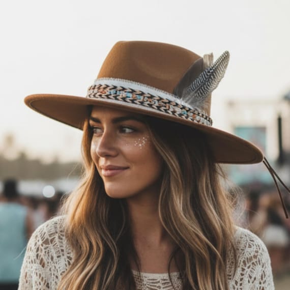 Design Your Own Custom Western Boho Hat Bar Festival Fashion Accessory Wide Brim Fedora Customizable Band Ribbon Feather Khaki Vegan Suede