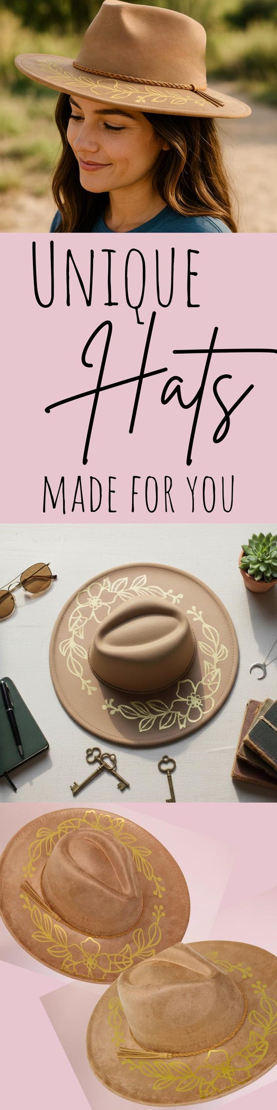 Wide Brim Vegan Suede Fedora Camel Hat Gold Floral Western  display picture 1