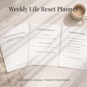 May include: A set of three white paper sheets with text, titled "Weekly Life Reset Planner", "Weekly Reset Check-In", and "Weekly Reset Checklist". A cup of coffee sits in the upper right corner. The text "Editable in Canva • Instant Download" is at the bottom.