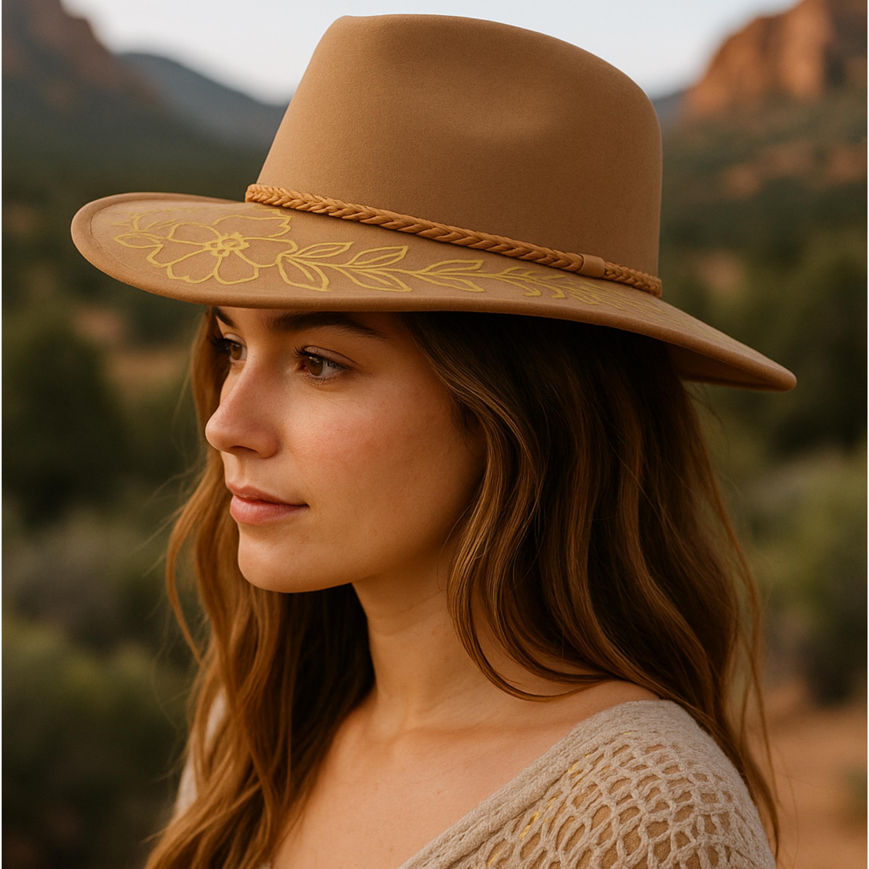 Suede Wide-Brim Fedora Hat with Beaded Band - Camel Wide Brim Vegan Suede Fedora Camel Hat Gold Floral Western  main image 2