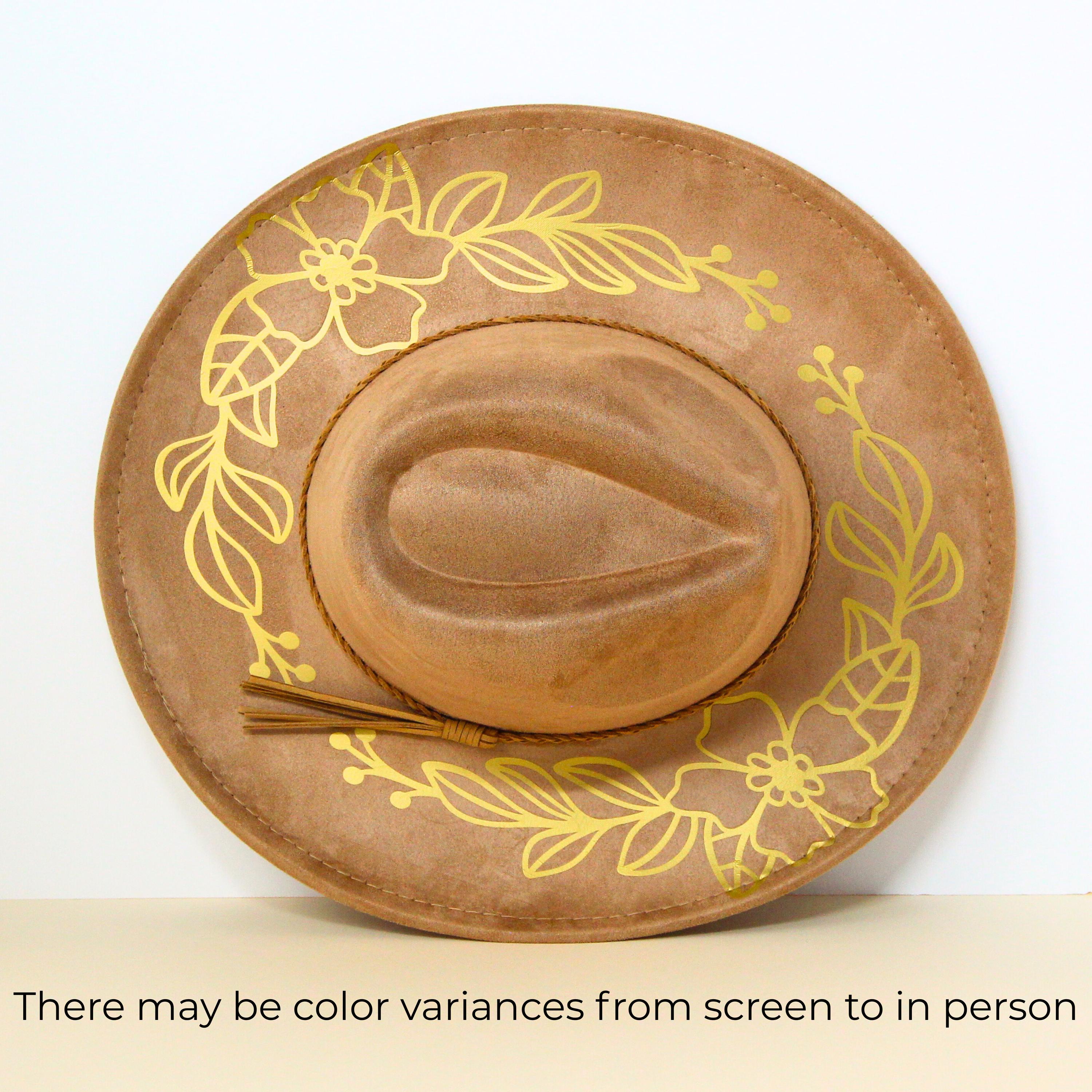 5287 – Botanical Design Hand-burned Vegan Suede Cowboy Hat – Wide Brim Camel Desert Burned Hat, Cactus Engraved Cowboy Hat, Cactus Hat  main image 4