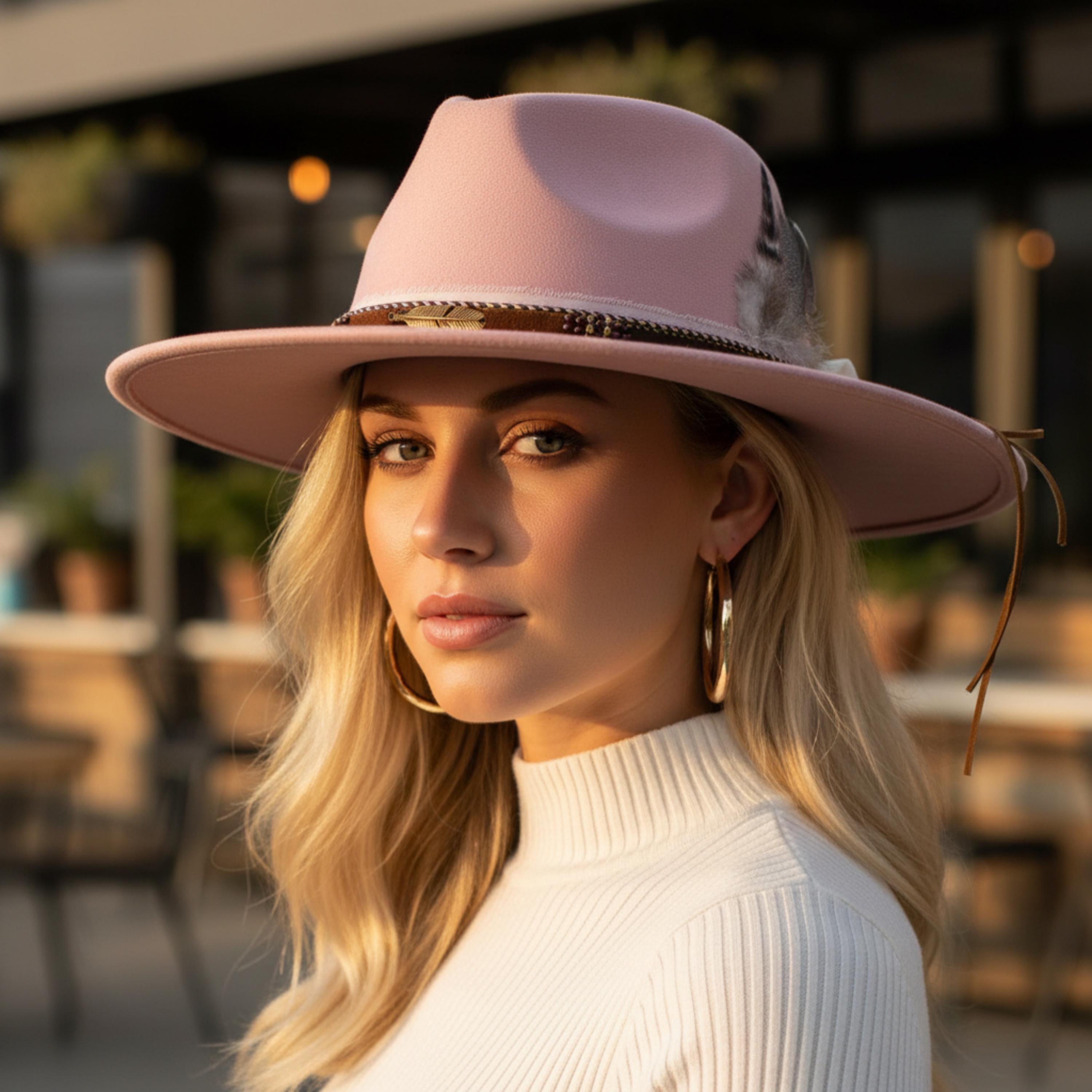 Unbranded Fedora Hat Womens 57 Taupe Mauve Boho Wide Brim Faux Leather Band Trim Women main image 4