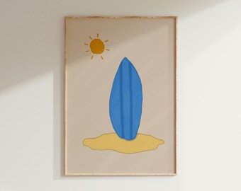 Póster de surf para pared / Impresión de playa costera / Ilustración de tabla de surf / Descarga digital para habitación infantil / Decoración de dormitorio infantil / Póster de playa de verano