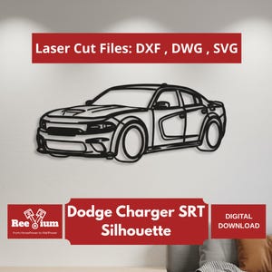 以下が含まれることがあります： ダッジチャージャーSRT車の黒いシルエット。画像には、上部に「Laser Cut Files: DXF, DWG, SVG」、下部に「Dodge Charger SRT Silhouette」というテキストが含まれています。画像には「DIGITAL DOWNLOAD」というテキストも含まれています。