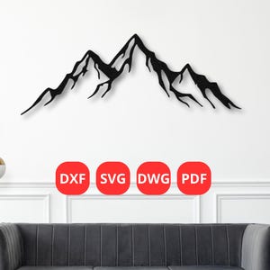 May include: Black metal mountain range wall art. The artwork features a detailed silhouette of a mountain range. The image also includes red circles with the text: DXF, SVG, DWG, and PDF.