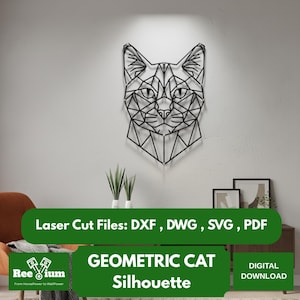 Peut inclure: Une décoration murale en forme de silhouette de chat géométrique noire. La tête du chat est construite à partir de lignes interconnectées, créant un design angulaire moderne. L'image comprend le texte "Laser Cut Files: DXF, DWG, SVG, PDF" et "GEOMETRIC CAT Silhouette".